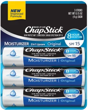 Chapstick Moisturizer (Original Flavor, 0.15 Ounce, 3 Sticks) Lip Balm Tube, Skin Protectant, Lip Care, SPF 15, Pack of 12 (36 Count)