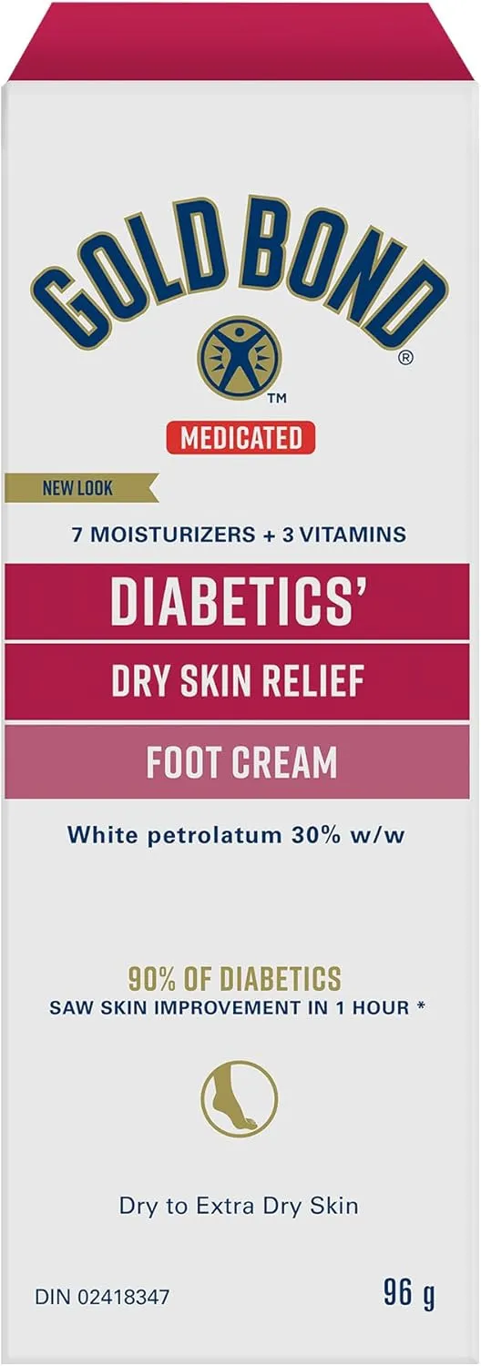 NEW BB 09/25 Gold Bond Medicated Diabetics' Dry Skin Relief Foot Cream, 96g Tube, Foot Cream for Dry Cracked Feet With 30% White Petrolatum, Vitamins A and E for Fast, Long-Lasting Dry Feet and Heels Relief